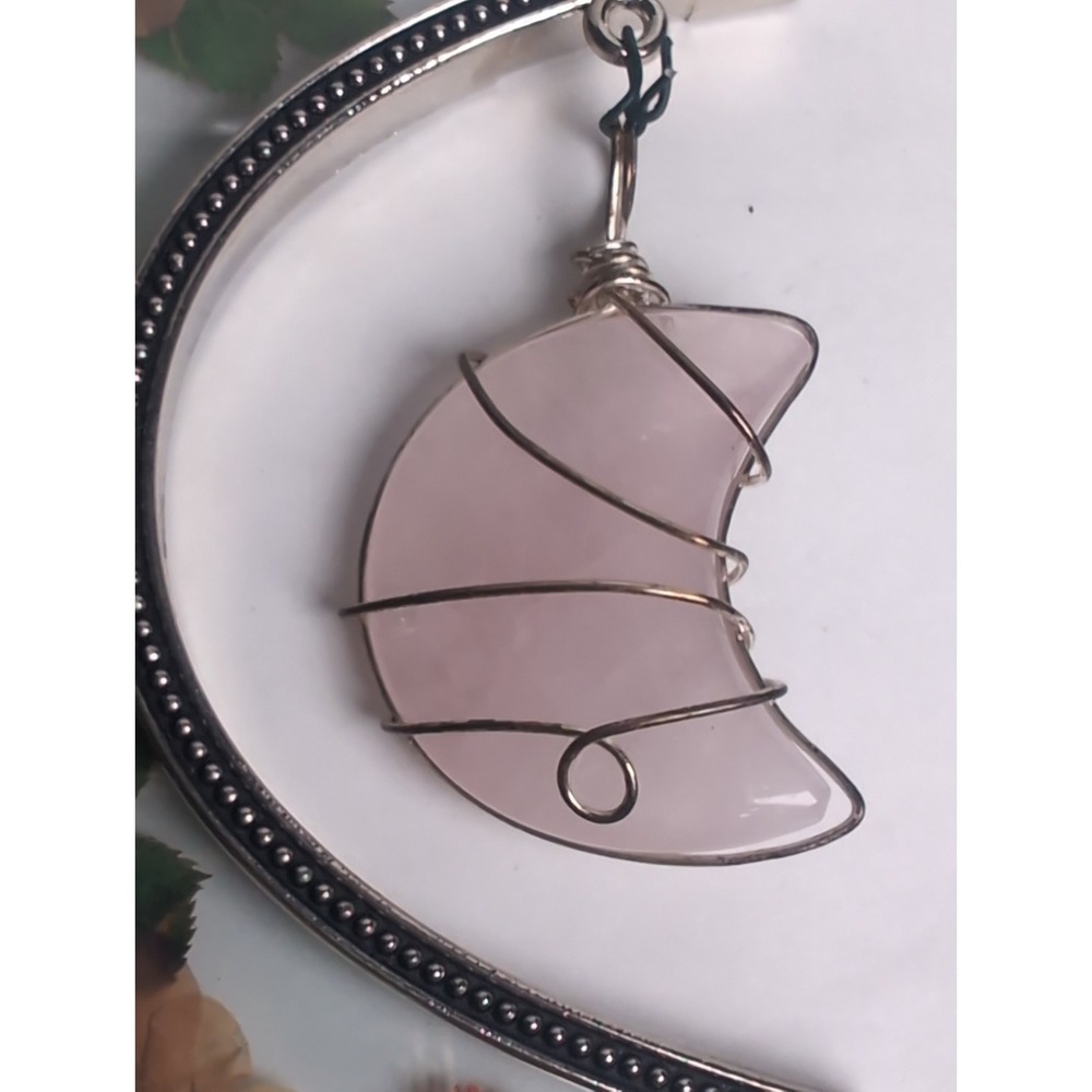 Vintage Dried Pressed Flowers Glass Metal half Moon Frame Hanging W/Rose Quartz - Picture 8 of 13